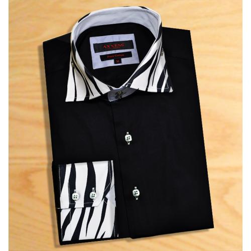 Axxess Black / White Handpick Stitching 100% Cotton Dress Shirt  05-123