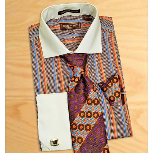 Don Jonathan Brown / Blue / Rust / Cream Stripes Design Spread Collar Dress Shirt with Tie / Hanky Set FC112
