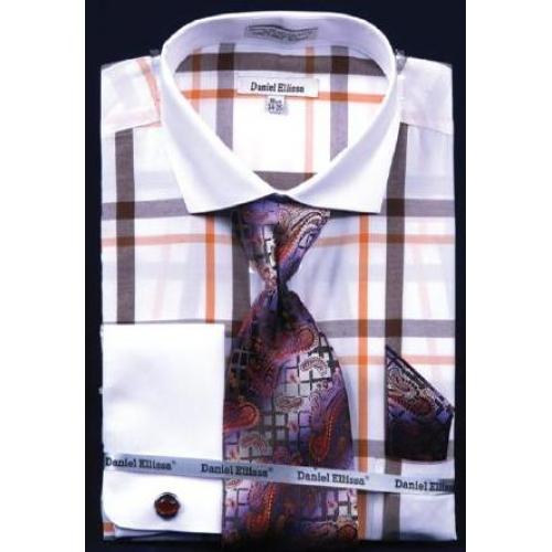 Daniel Ellissa White / Orange Windowpanes Shirt / Tie / Hanky Set With Free Cufflinks DS3771P2