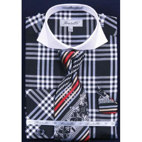 Fratello Black / White Checker Pattern Two Tone Shirt / Tie / Hanky Set With Free Cufflinks FRV4118P2