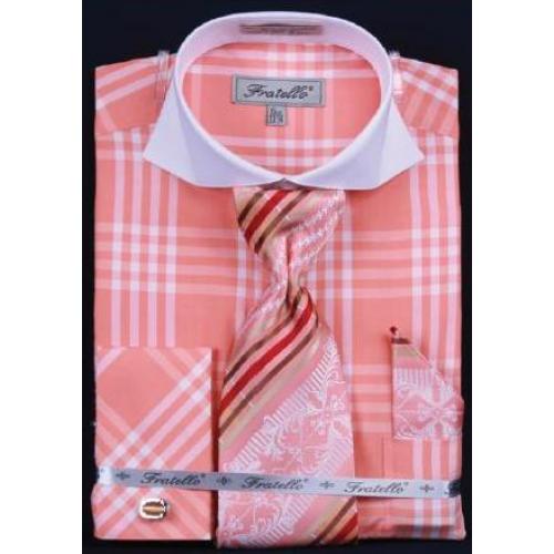 Fratello Coral Checker Pattern Two Tone Shirt / Tie / Hanky Set With Free Cufflinks FRV4118P2