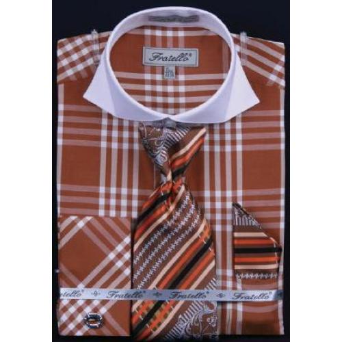 Fratello Brown Checker Pattern Two Tone Shirt / Tie / Hanky Set With Free Cufflinks FRV4118P2