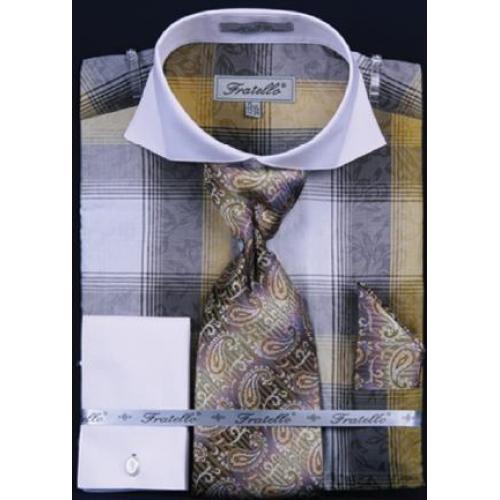 Fratello Olive Checker Pattern Two Tone 100% Cotton Shirt / Tie / Hanky Set With Free Cufflinks FRV4119P2