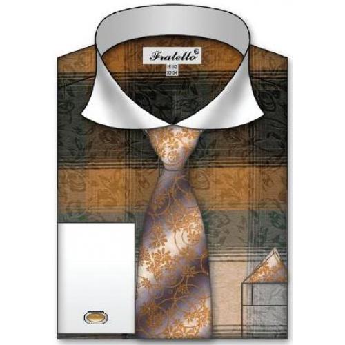 Fratello Tan Checker Pattern Two Tone 100% Cotton Shirt / Tie / Hanky Set With Free Cufflinks FRV4119P2