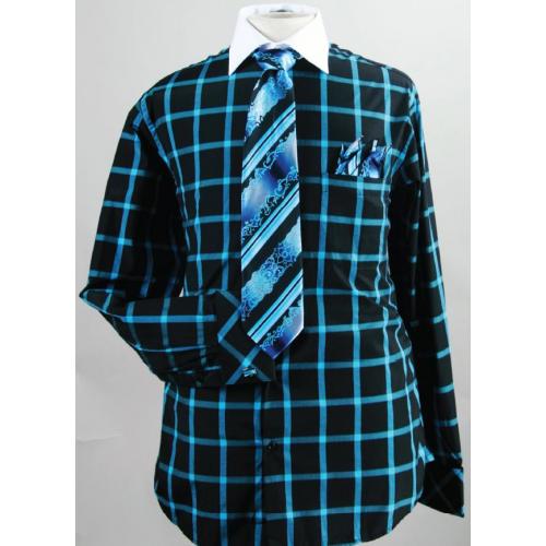 Fratello Black / Turquoise Checker Pattern Two Tone Shirt / Tie / Hanky Set With Free Cufflinks FRV4123P2