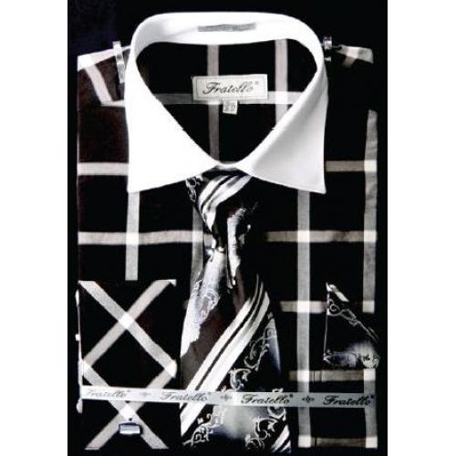 Fratello Black / White Checker Pattern Two Tone Shirt / Tie / Hanky Set With Free Cufflinks FRV4123P2