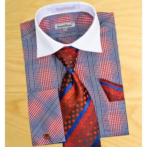 Daniel Ellissa Red / Blue / White Checker Pattern Two Tone Shirt / Tie / Hanky Set With Free Cufflinks DS3766P2