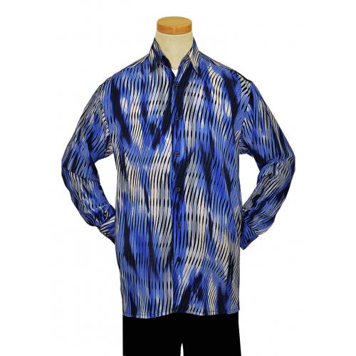 Bassiri Navy / Sky Blue / White / Black Wavy Design Microfiber Long Sleeves Shirt 4927