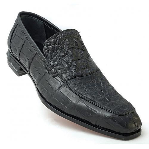 Mauri "Romeo" 4615 Black Hand-Painted Genuine Baby Crocodile Loafer Shoes With Nappa Leather Heel Detail
