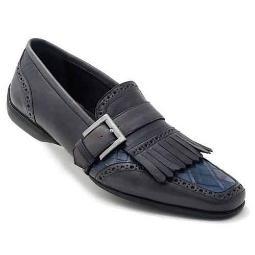 Mauri "Italo" 9230 Hand-Painted Charcol Grey / Blue Genuine Alligator / Calfskin Loafer Shoes With Leather Fringes And Monkstrap