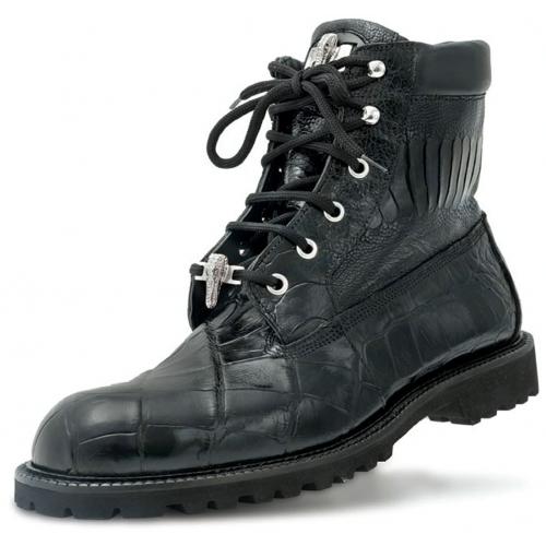 Mauri "Commando" 4637 Black Genuine Alligator / Ostrich Leg / Calfskin Lace-Up Boots With Silver Alligator Head