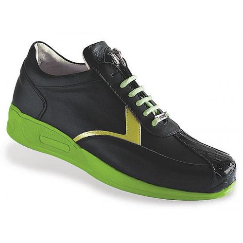 Mauri "Piazza" M704 Black / Crispy Green Genuine Baby Crocodile / Calfskin / Patent Leather Sneakers With Silver Hardware