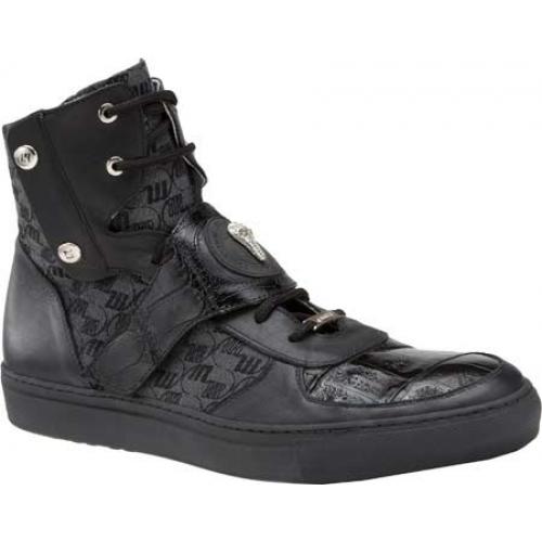 Mauri  "8797" Huntington Black Genuine Baby Crocodile / Patent Leather / Embroidered Fabric High-Top Sneakers With Strap