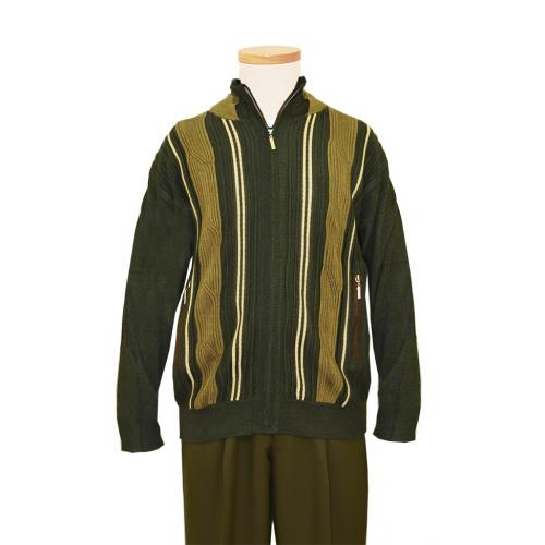 SilverSilk  Olive Green / Khaki Knitted Front Zipper Stripes Sweater Jacket With Elbow Patches 5955