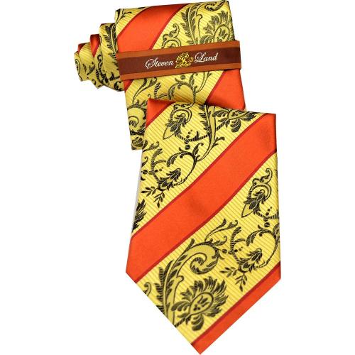 Steven Land Collection SL158 Orange / Gold / Black / Red Diagonal Paisley Design 100% Woven Silk Necktie / Hanky Set