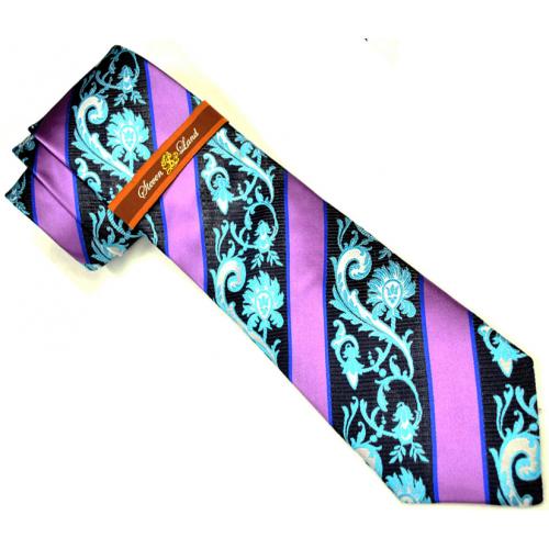 Steven Land Collection SL159 Lavender / Turquoise / Midnight Blue / Royal Blue Paisley Design 100% Woven Silk Necktie / Hanky Set