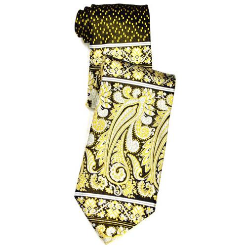Steven Land Collection SL164 Gold / White Paisley Design 100% Woven Silk Necktie / Hanky Set