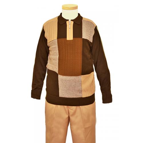 Steve Harvey Dark Brown / Rustic Grey / Tan Long Sleeve 2 PC Knitted Silk Blend Zip-Up Outfit Set 6302