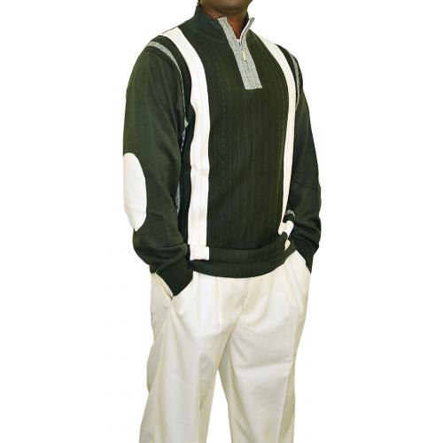 Steve Harvey Olive / Cream Long Sleeve 2 PC Knitted Silk Blend Zip-Up Outfit Set 6318