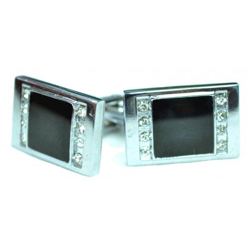Fratello Silver Plated Rectangular Cufflinks Set With Black Enamel And Rhinestone CL025