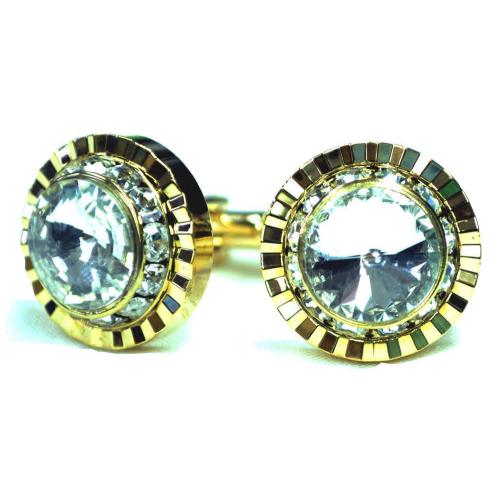 Fratello Gold Plated Round Cufflinks Set With White Enamel And Rhinestone CL026