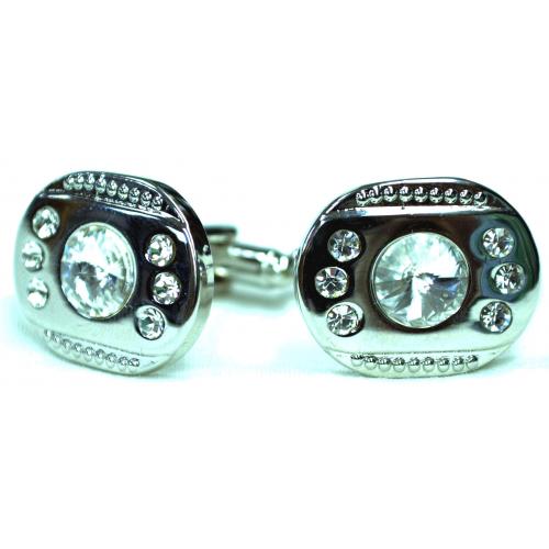 Fratello Silver Plated Oval Cufflinks Set With Clear Enamel And Rhinestone CL027