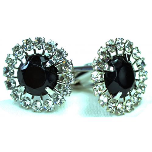Fratello Silver Plated Round Cufflinks Set With Black Enamel Small Clear Rhinestones CL028