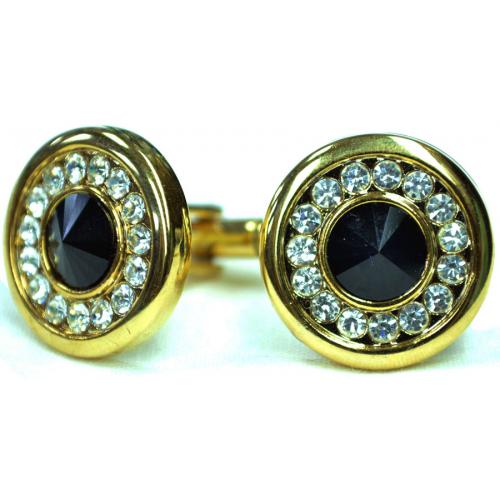 Fratello Gold Plated Round Cufflinks Set With Black Enamel And Crystal Rhinestone CL029