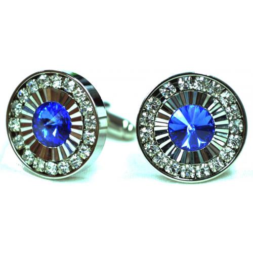 Fratello Silver Plated Round Cufflinks Set With Blue Enamel And Clear Rhinestone CL031