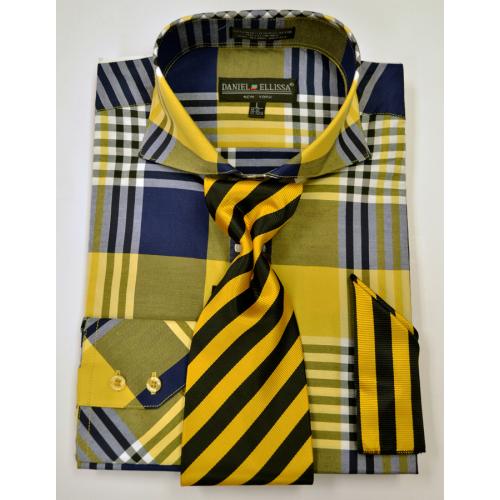 Daniel Ellissa Mustard / Gold / Navy Windowpane Shirt / Tie / Hanky Set FC7001
