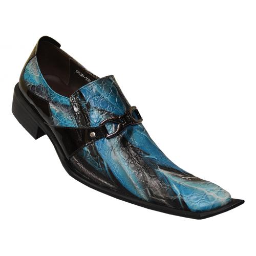 Zota Aqua Blue / Black Genuine Leather Loafer Shoes Diagonal Toe With Silver Bracelet G838-108