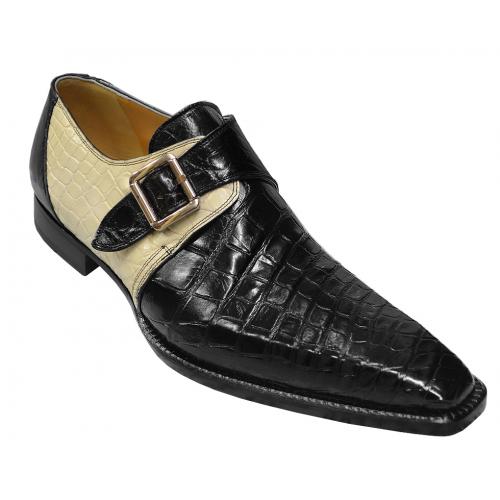 Mauri 53154 Black / Cream Genuine All-Over Alligator Loafer Shoes With Monk Straps.