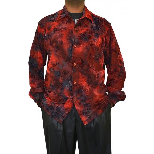 Pronti Red / Black Paisley Design Long Sleeve Microfiber Casual Shirt S6091