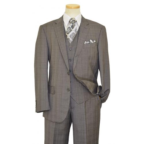 Bertolini Medium Grey with Black Windowpanes Design Wool & Silk Blend Vested Suit B79454