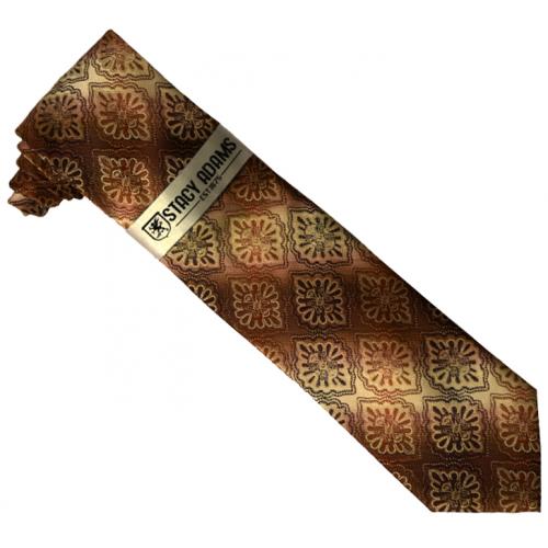 Stacy Adams Collection SA128 Brown / Champagne Diagonal Artistic Design 100% Woven Silk Necktie/Hanky Set