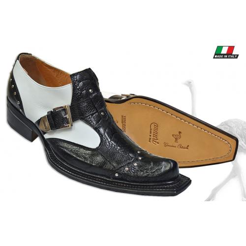 Mauri 44237 Black / White Genuine Ostrich Skin / Calf Leather Loafer Shoes With Monk Straps