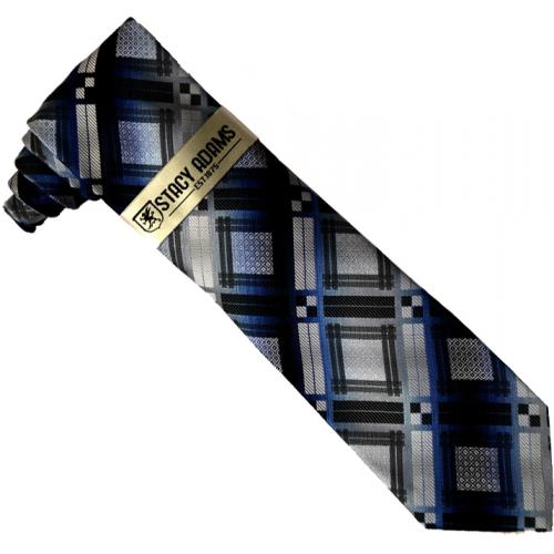 Stacy Adams Collection SA124 Platinum Grey / Royal Blue / White Diagonal Diamond Design 100% Woven Silk Necktie/Hanky Set