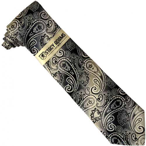 Stacy Adams Collection SA126 Black / Grey / White Paisley Design 100% Woven Silk Necktie/Hanky Set