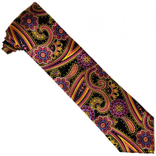 Steven Land Collection "Big Knot"  SL205 Black / Gold / Fuschsia / Purple Artistic Paisley Design 100% Woven Silk Necktie/Hanky Set