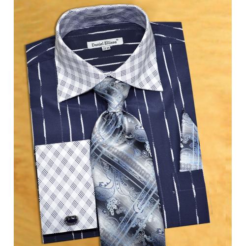 Daniel Ellissa Navy / White Vertical Stripe Two Tone Shirt / Tie / Hanky Set With Free Cufflinks DS3777P2