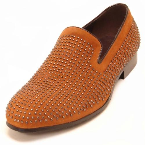 Fiesso Brown Genuine Suede Loafer Shoes With Silver Metal Studs FI6790