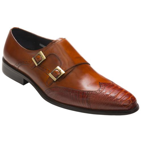 David X "Ethan" Cognac Genuine Ostrich / Calf  Hand-Burnished Leather Shoes With Double Monk Strap