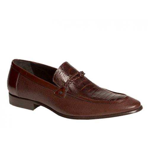 Mezlan "Clovet" 3953-P Brown Genuine Ostrich Leg / Textured Calf With Braid Saddle Loafer Shoes.