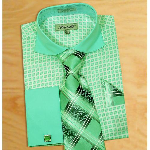 Fratello Mint / White Windowpane Design Shirt / Tie / Hanky Set With Free Cufflinks FRV4128P2