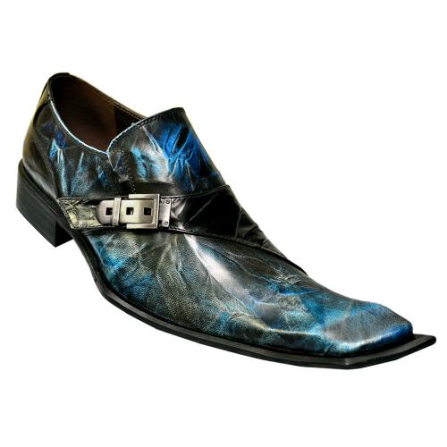 Zota Aqua Blue / Black Genuine Leather Loafer Shoes Diagonal Toe With Silver Bracelet G838-103+H3314