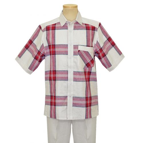 Prestige White / Red / Grey Windowpane Design 100% Linen 2 PC Short Sleeve Outfit CPT-620