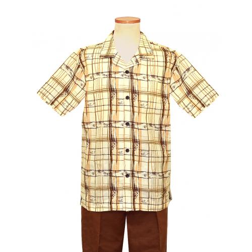 Steve Harvey Chocolate Brown / Khaki / Bone Wavy Windowpane Design 2 PC Linen / Cotton Blend Short Sleeve Outfit SH7572