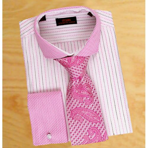 Steven Land Pink / White Pinstripe Design With Pink Spread Collar /  French Cuffs 100% Cotton Dress Shirt DS1542