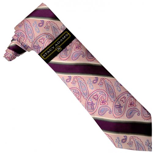 Stacy Adams Collection SA132 Lavender / Purple / Sky Blue / Grey Paisley Diagonal Design 100% Woven Silk Necktie/Hanky Set