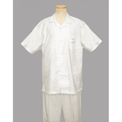 Steve Harvey White With Custom Silver Buckle Design Coated Linen 2 Piece Short Sleeve Outfit # 7137S